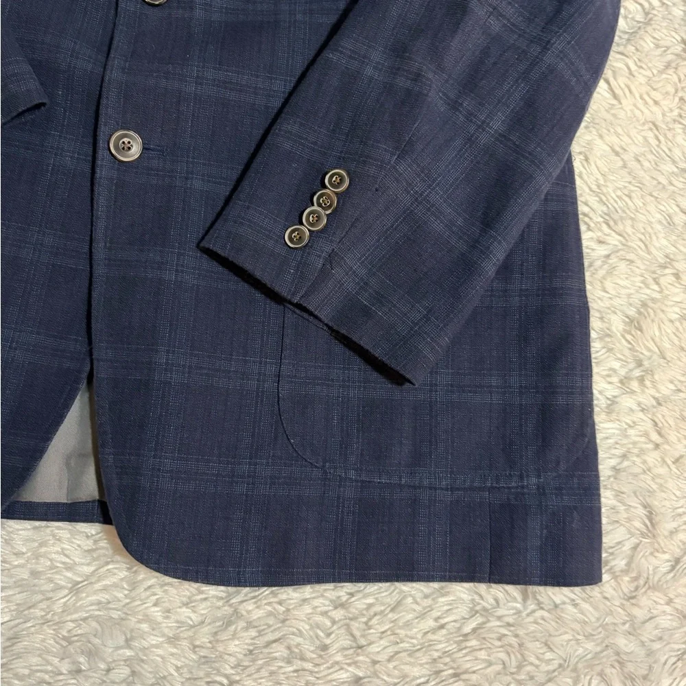 JOS A BANK Linen Men 44R Tailored Fit Blazer Sport Coat Jacket Blue Plaid